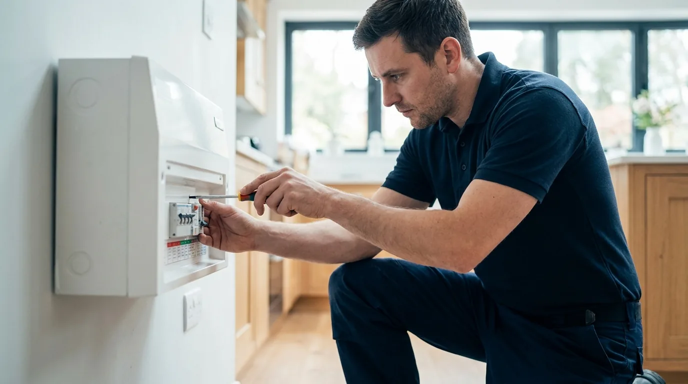 Precise Electrical electrician working on a consumer unit in a Bristol home